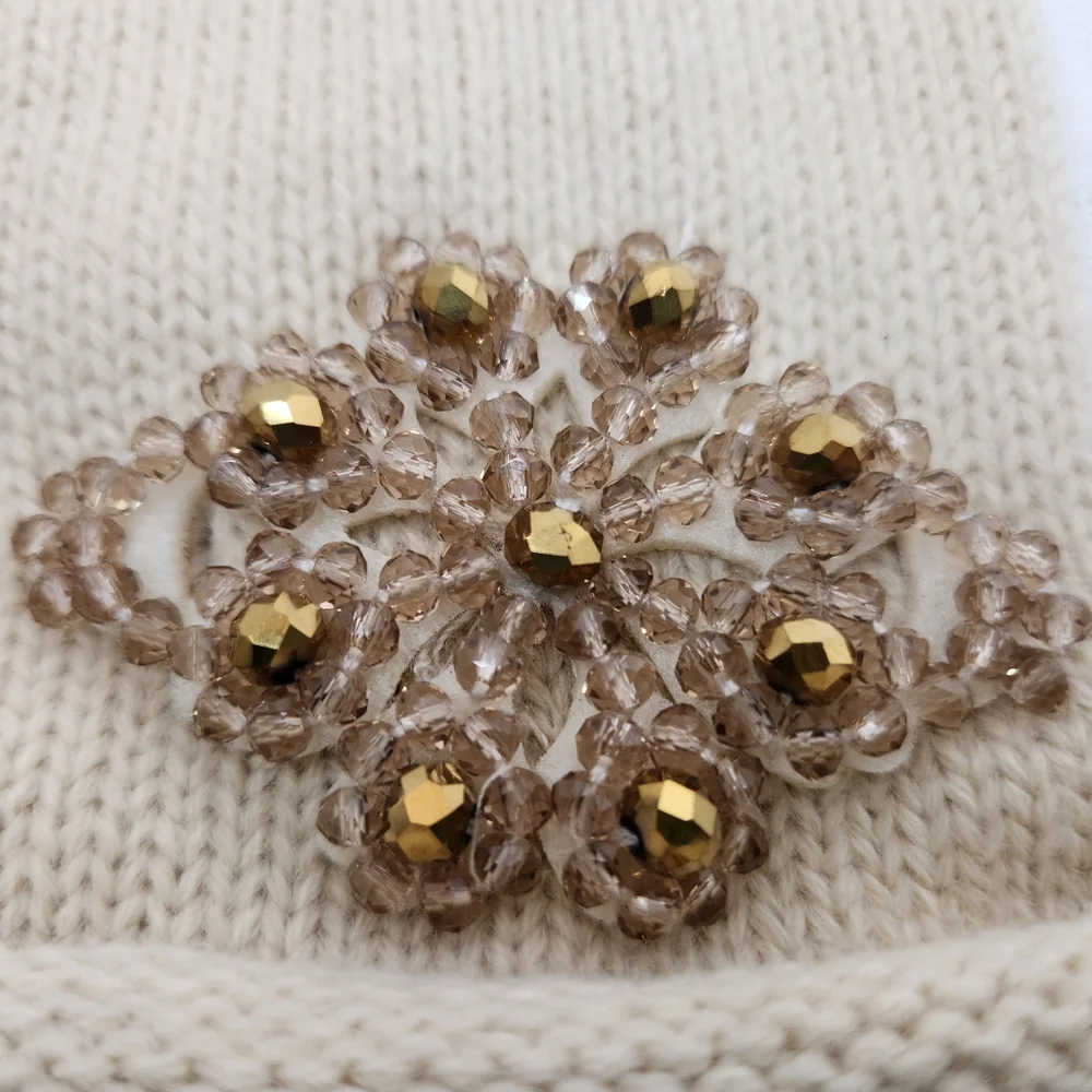 Womens Ivory Knit Embellished Touch Screen Gloves Acrylic OS